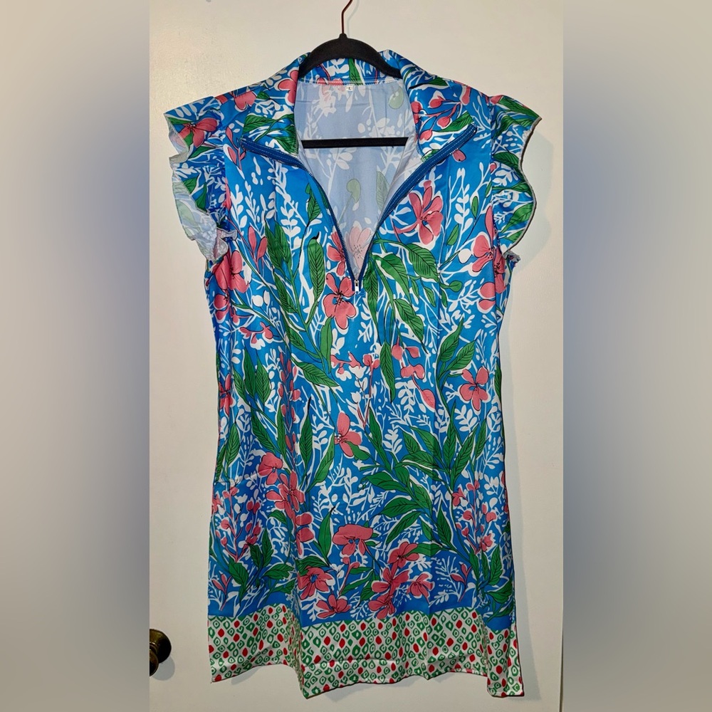 Umgee Garden Bloom Half Zip Dress in Blue Mix